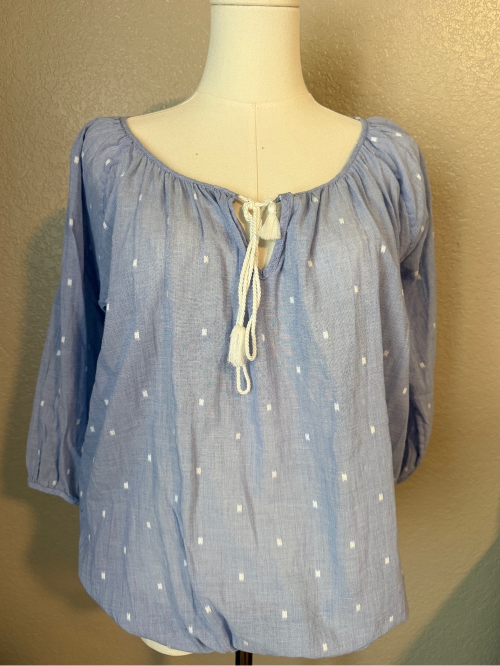 J Crew Light Blue Peasant Blouse with Tassel Tie